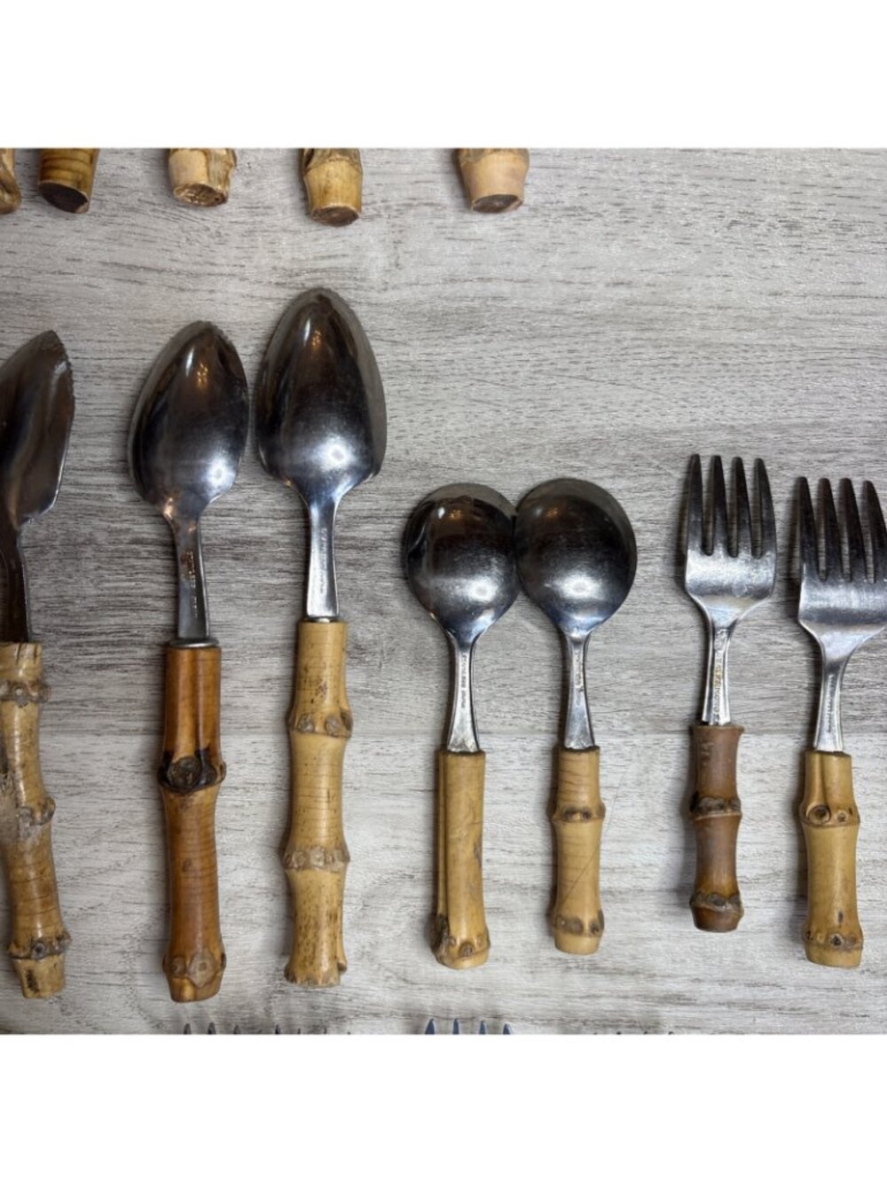 Vtg 29pc Bamboo Handle Flatware Silverware and Serving Pieces Stainless Japan - Picture 11 of 14